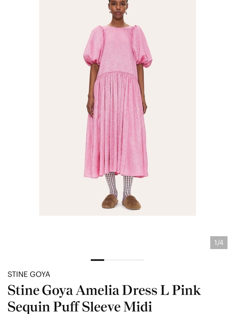 STINE GOYA Pink Sequin Puff-Sleeve Midi Dress
